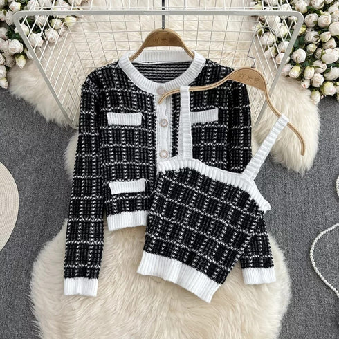 Elegant Plaid Round Neck Soft Knitted Cardigan Sweater with Tank Top Set